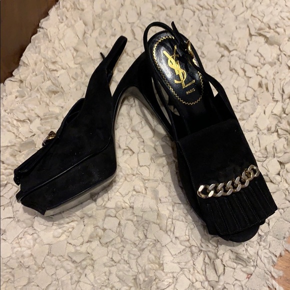 YSL black suede open-toe slingback heels - Picture 1 of 7